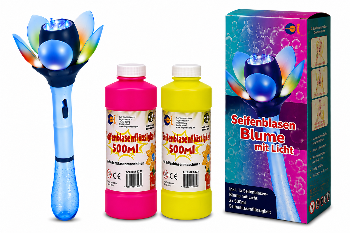 Elektrische Seifenblasen-Blume mit LED & Akku – inkl. Flüssigkeit