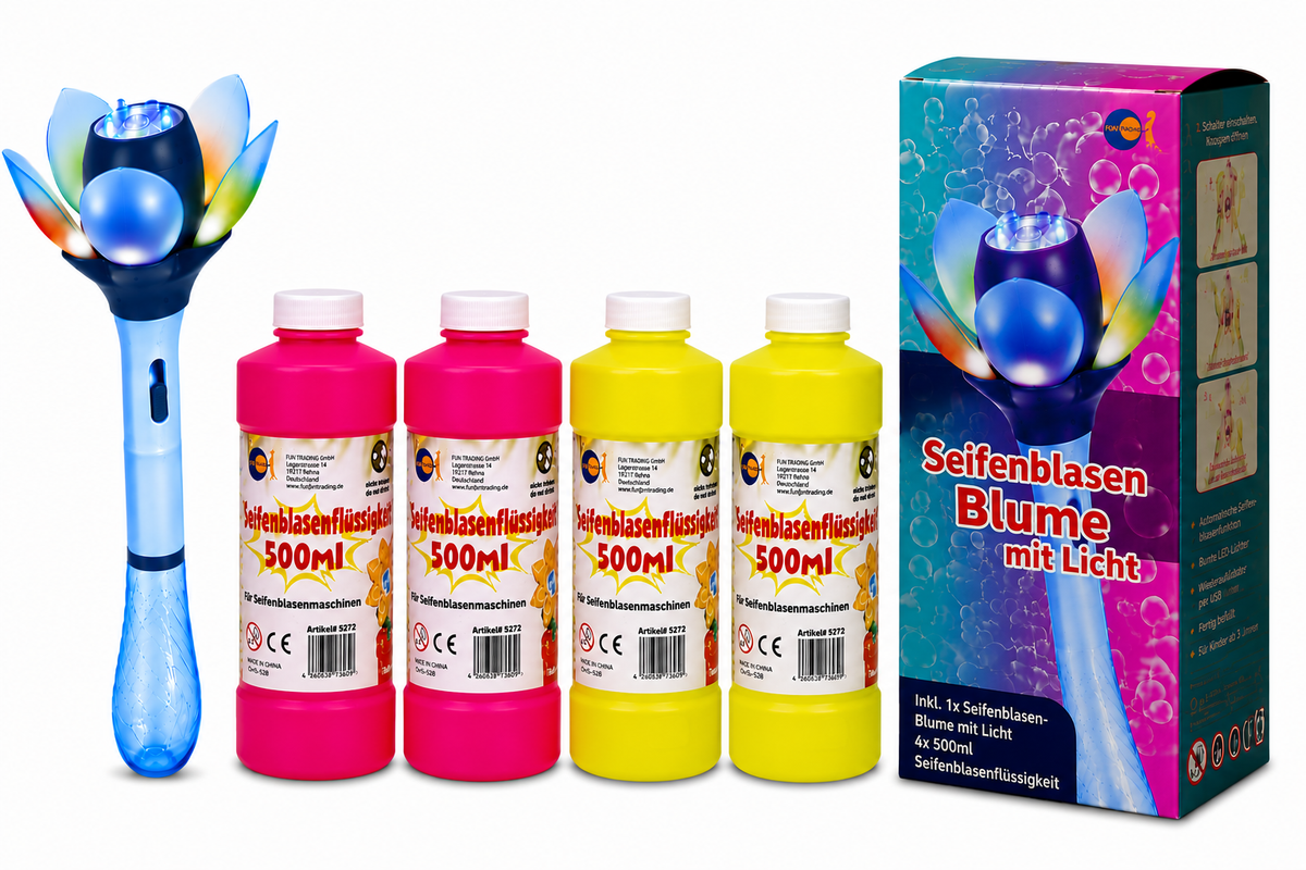 Elektrische Seifenblasen-Blume mit LED & Akku – inkl. Flüssigkeit